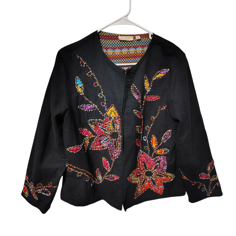 Choices Women's Size Medium Black Blazer with Multicolored Floral Design